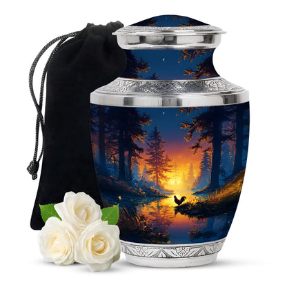 Serene Blue Hen Cremation Urn side profile showing urn shape - stylized abstract hen pattern with bold lines - full-size 10 inch 200 cubic inch adult cremation urn