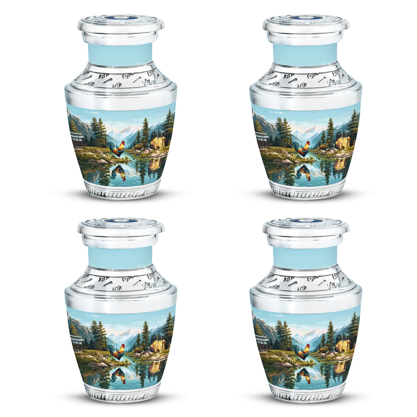 Cool Teal Hen Cremation Urn back view with polished surface - contemporary hen design with modern artistic flair - 10 inch aluminum urn for cremated remains