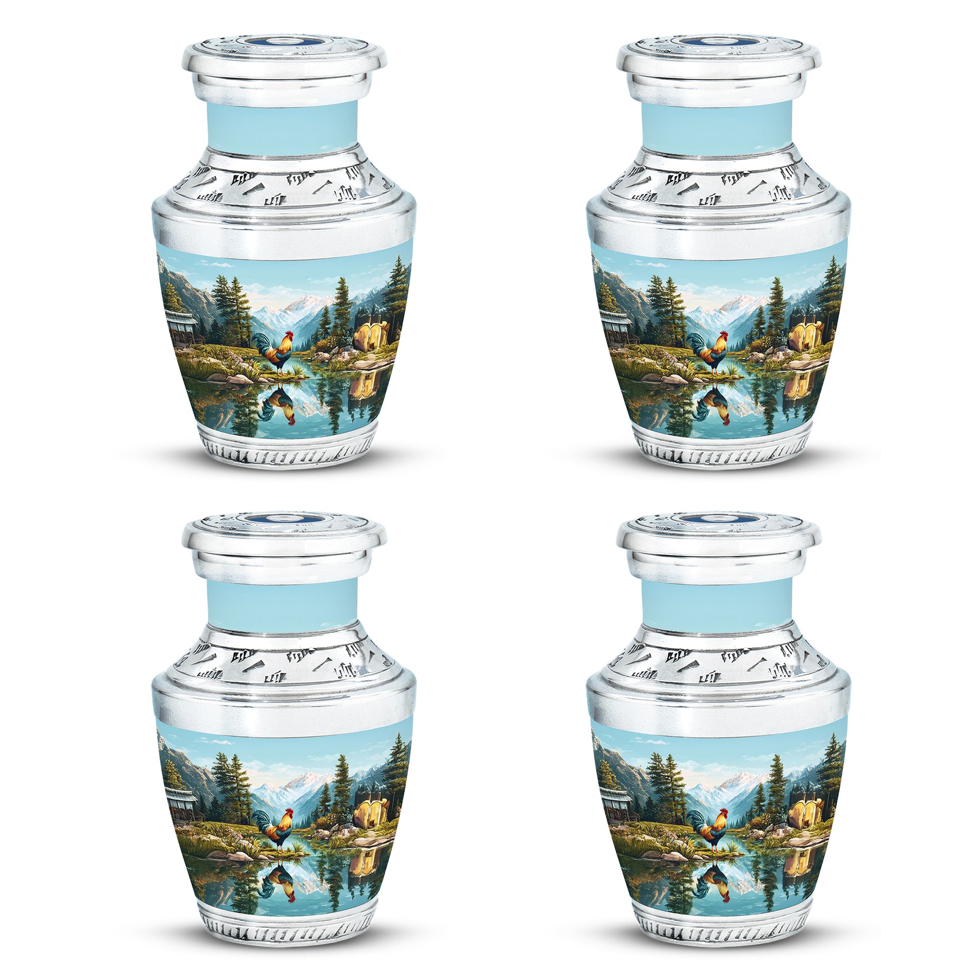 Cool Teal Hen Cremation Urn back view with polished surface - contemporary hen design with modern artistic flair - 10 inch aluminum urn for cremated remains