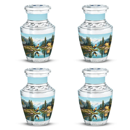 Cool Teal Hen Cremation Urn back view with polished surface - contemporary hen design with modern artistic flair - 10 inch aluminum urn for cremated remains