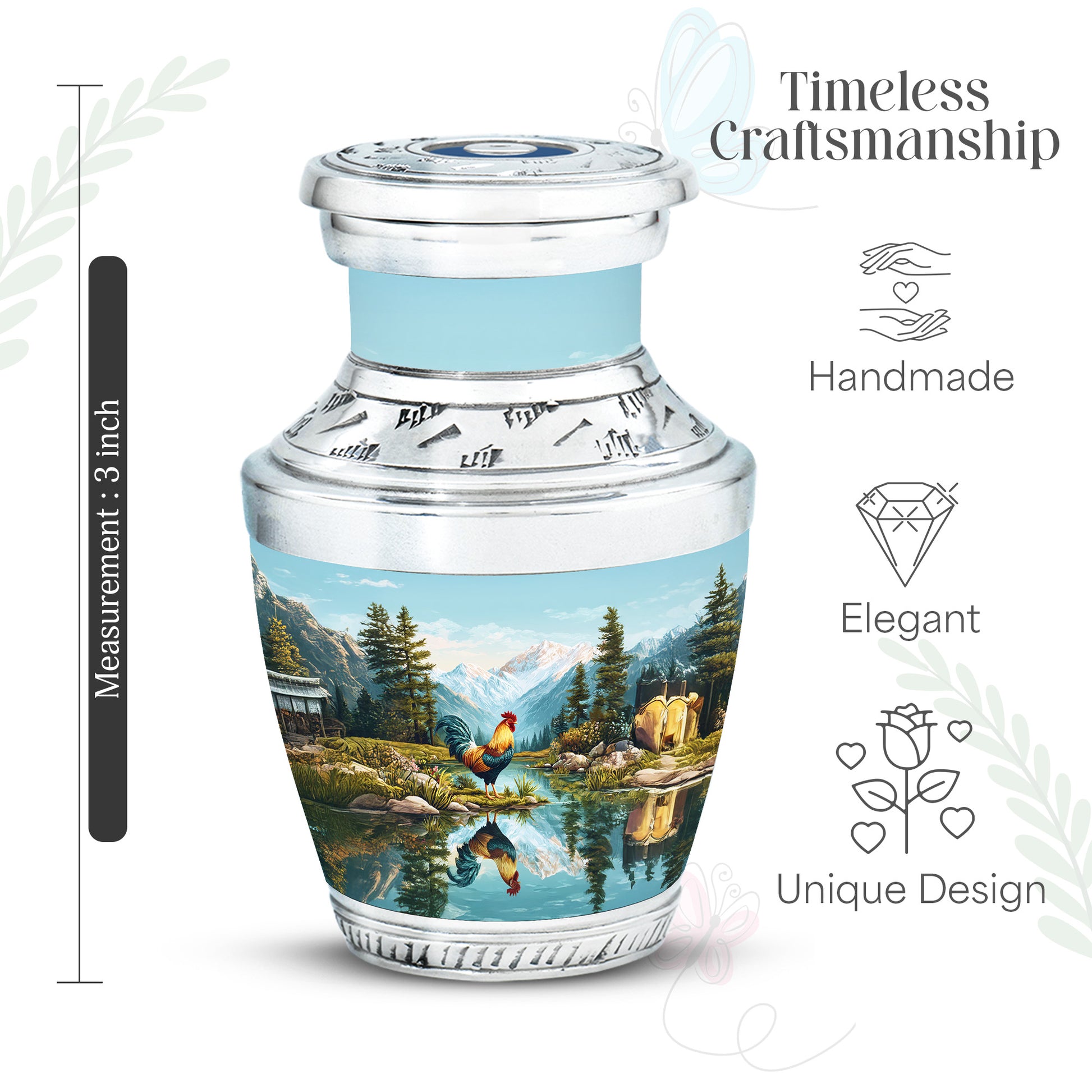 Deep Teal Hen Cremation Urn top-down view of secure threaded lid - artistic hen interpretation with creative detail - mini keepsake memorial for portion of cremation ashes