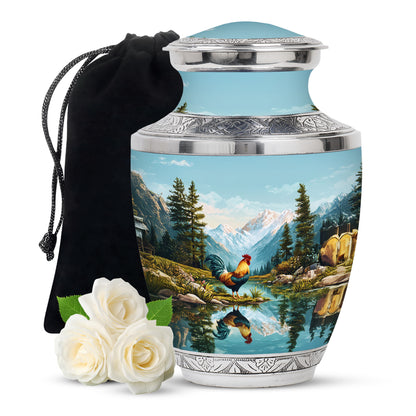 Jewel Teal Hen Cremation Urn side profile showing urn shape - modern art-inspired hen motif on sleek aluminum - full-size 10 inch 200 cubic inch adult cremation urn