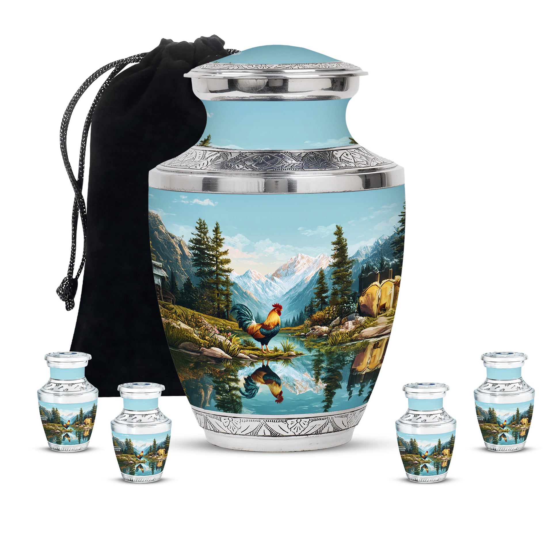 Aqua Teal Hen Cremation Urn lifestyle display on memorial shelf - artistic hen interpretation with creative detail - memorial set with one large and four small urns