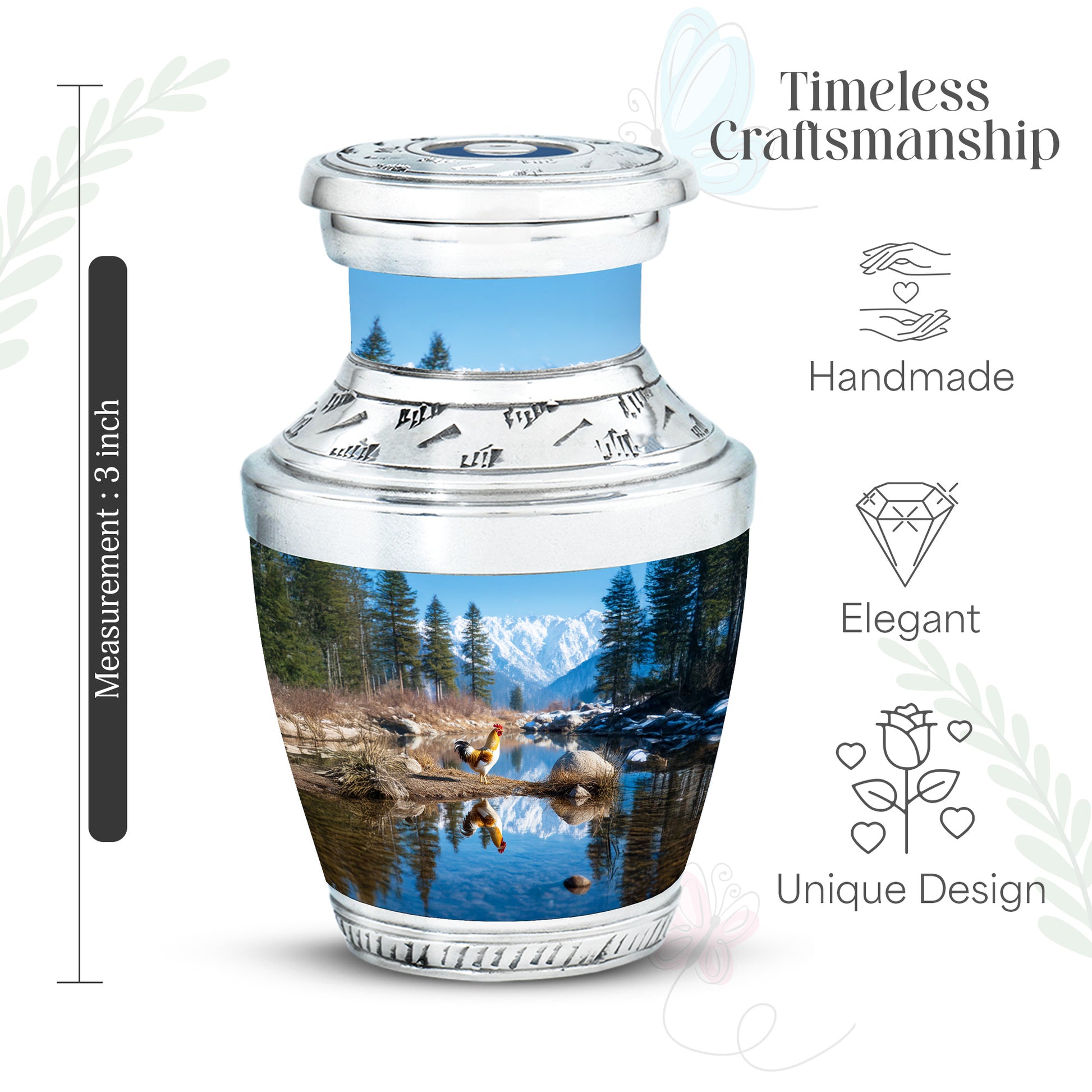 Slate Blue Hen Cremation Urn top-down view of secure threaded lid - modern art-inspired hen motif on sleek aluminum - mini keepsake memorial for portion of cremation ashes