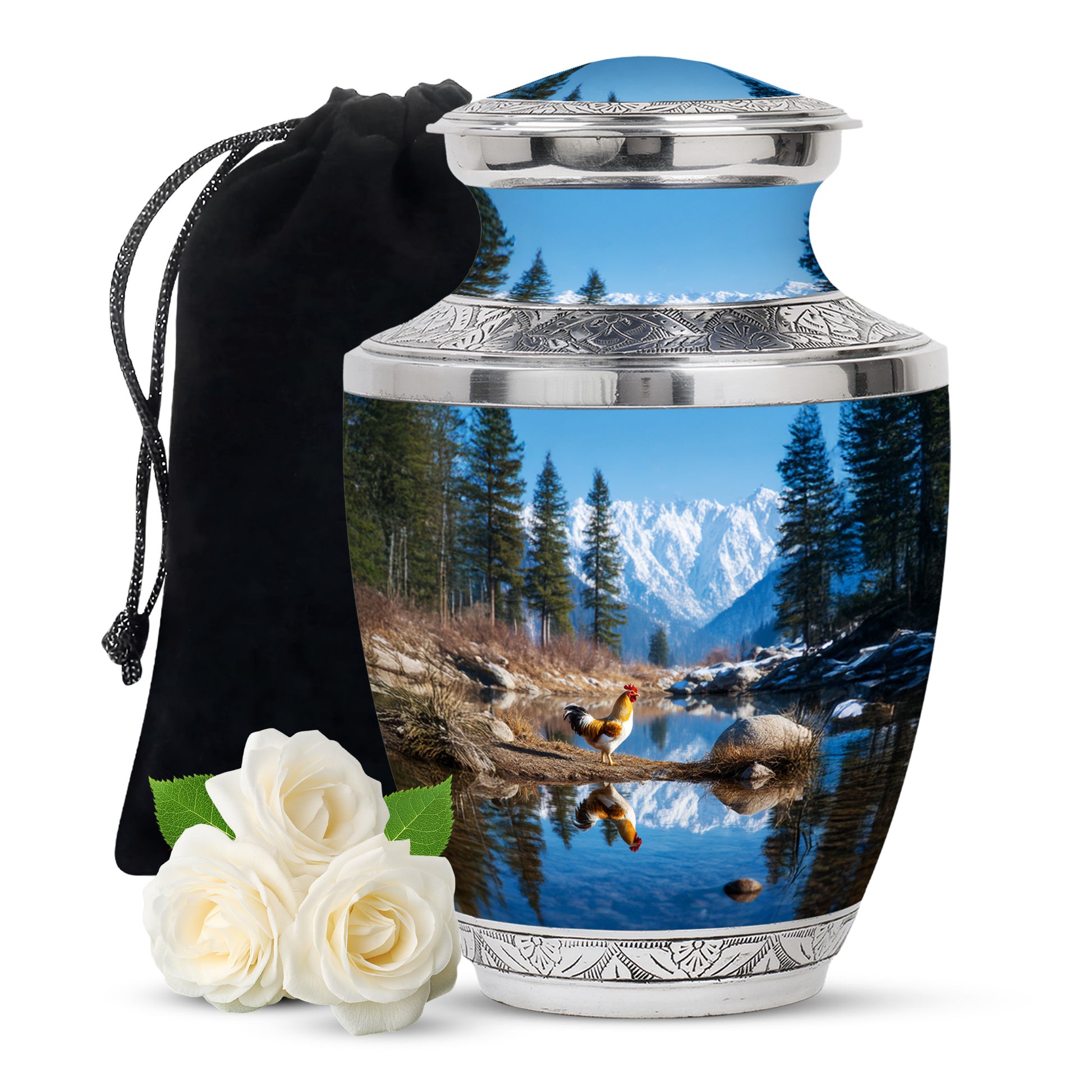 Sapphire Blue Hen Cremation Urn side profile showing urn shape - stylized abstract hen pattern with bold lines - full-size 10 inch 200 cubic inch adult cremation urn