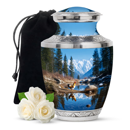 Sapphire Blue Hen Cremation Urn side profile showing urn shape - stylized abstract hen pattern with bold lines - full-size 10 inch 200 cubic inch adult cremation urn