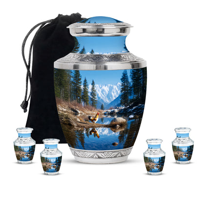 Powder Blue Hen Cremation Urn lifestyle display on memorial shelf - contemporary hen design with modern artistic flair - memorial set with one large and four small urns