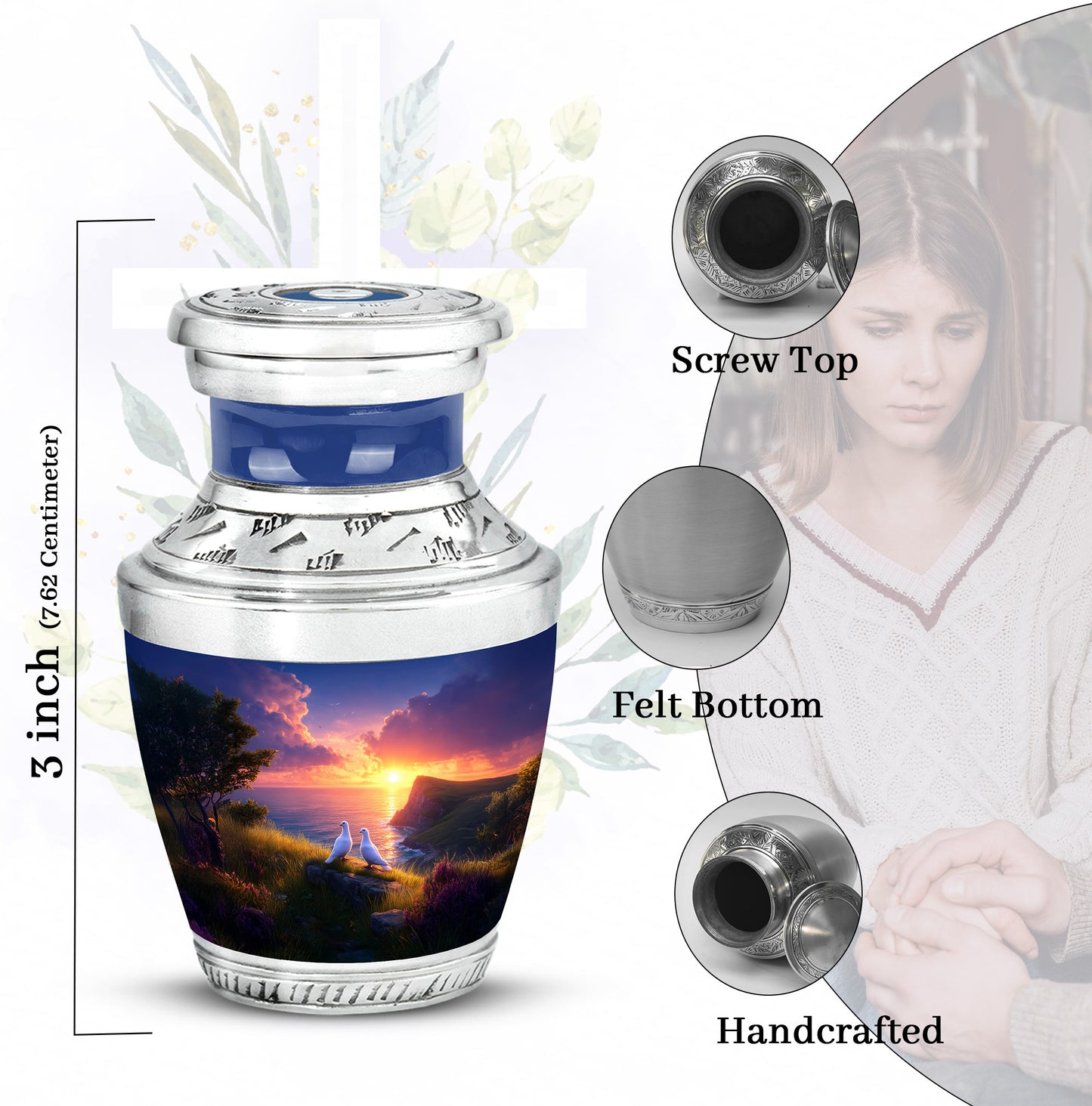 Salmon Pink Dove Cremation Urn top-down view of secure threaded lid - artistic dove interpretation with creative detail - mini keepsake memorial for portion of cremation ashes