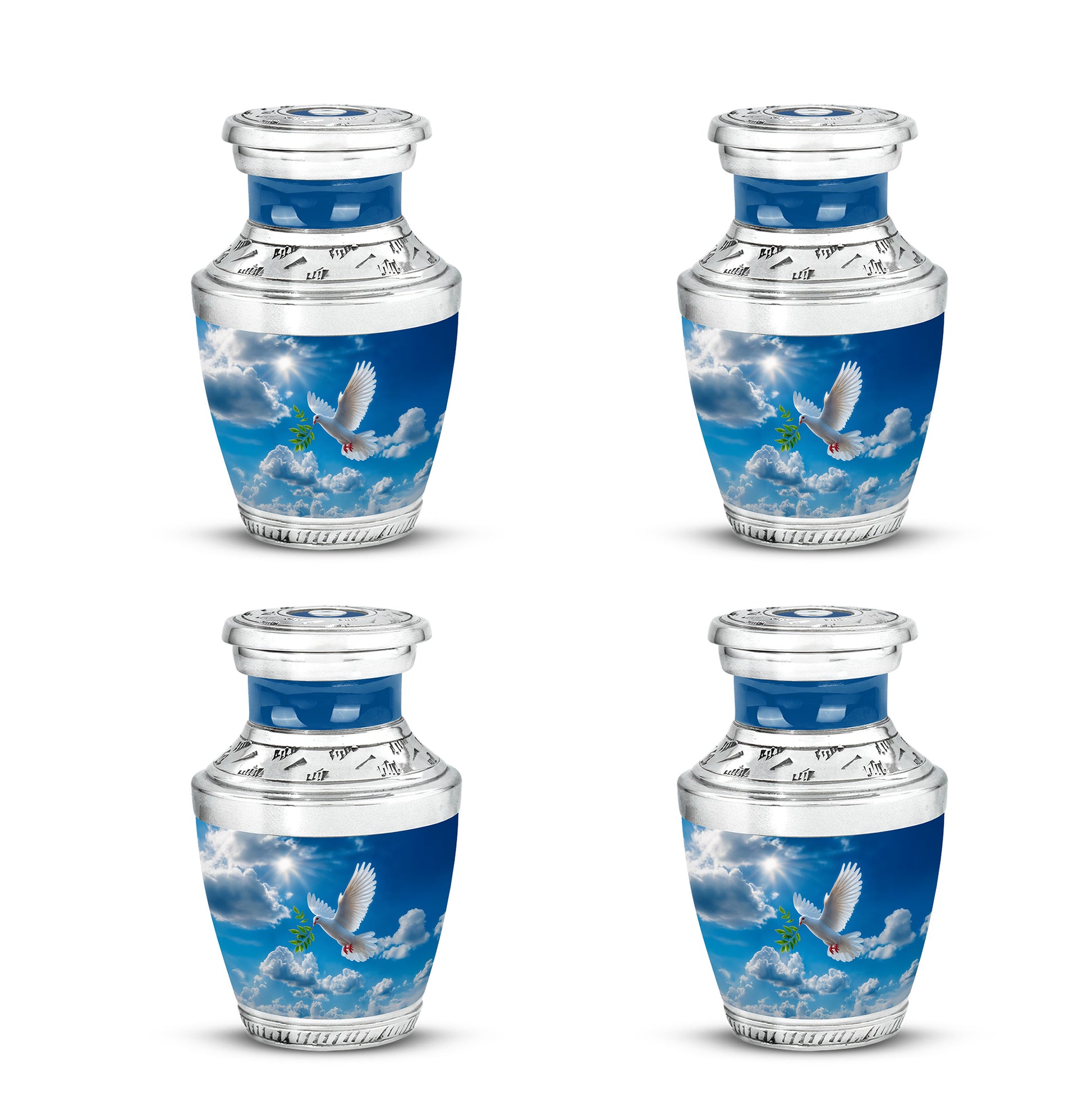 Vivid Blue Dove Cremation Urn back view with polished surface - artistic dove interpretation with creative detail - 10 inch aluminum urn for cremated remains