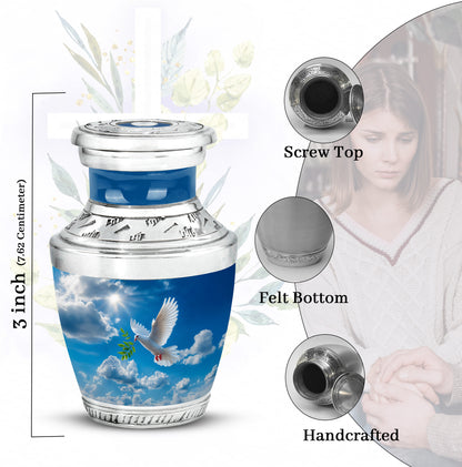 Indigo Dove Cremation Urn top-down view of secure threaded lid - modern art-inspired dove motif on sleek aluminum - mini keepsake memorial for portion of cremation ashes