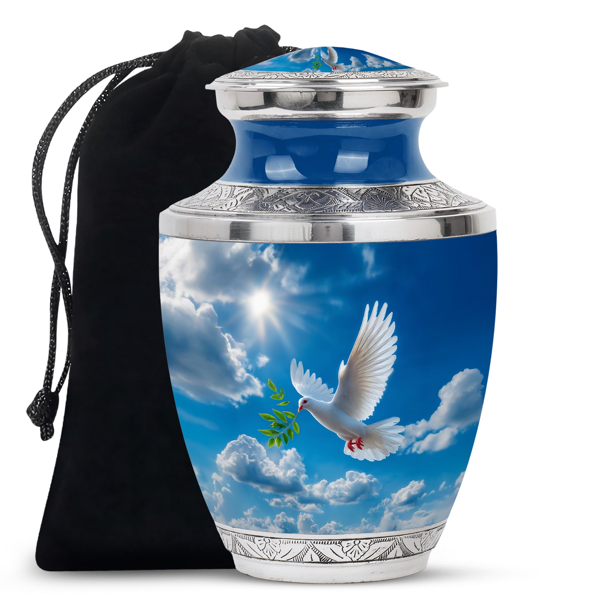 Cornflower Blue Dove Cremation Urn side profile showing urn shape - artistic dove interpretation with creative detail - full-size 10 inch 200 cubic inch adult cremation urn