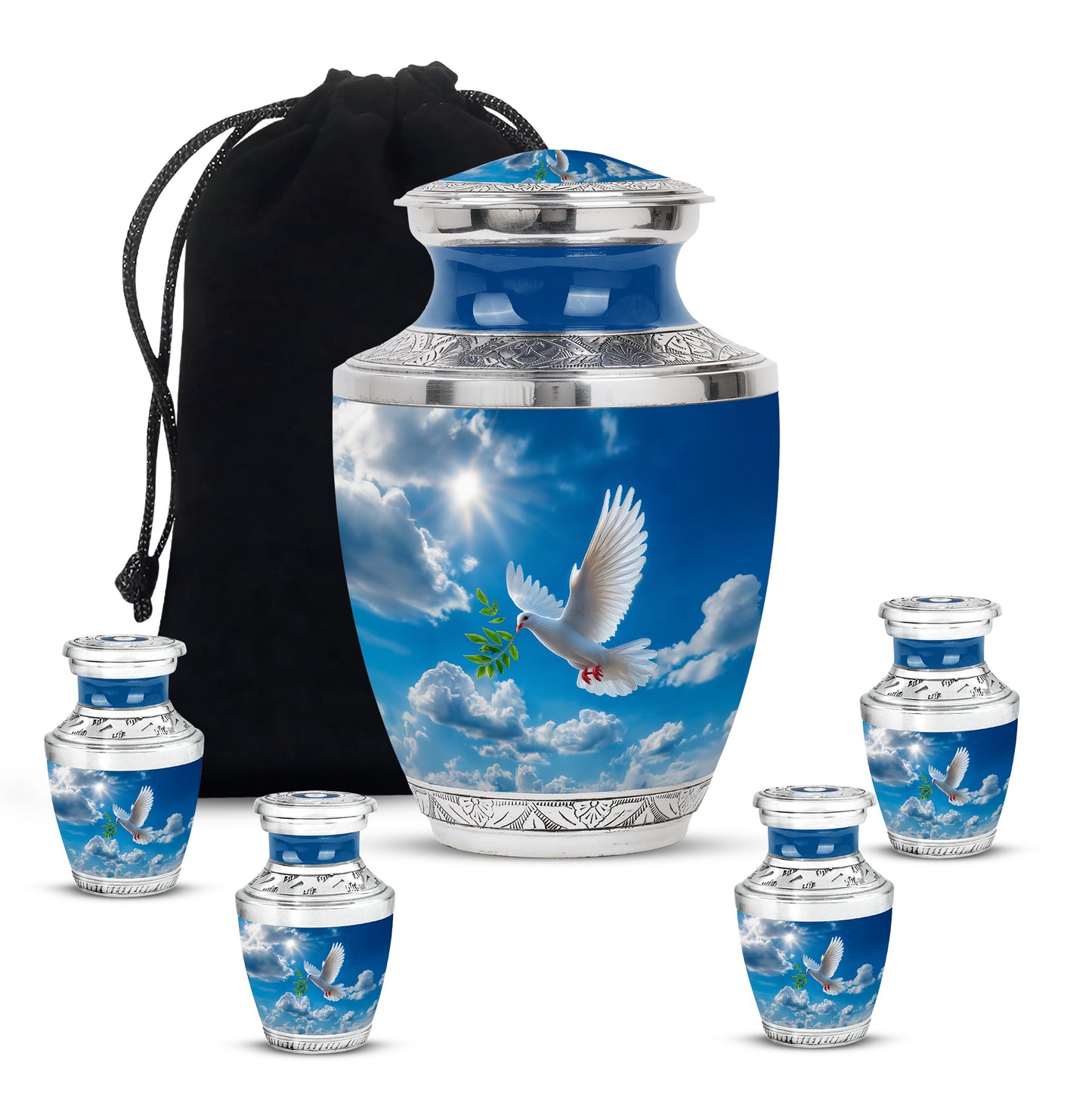 Steel Blue Dove Cremation Urn lifestyle display on memorial shelf - stylized abstract dove pattern with bold lines - memorial set with one large and four small urns