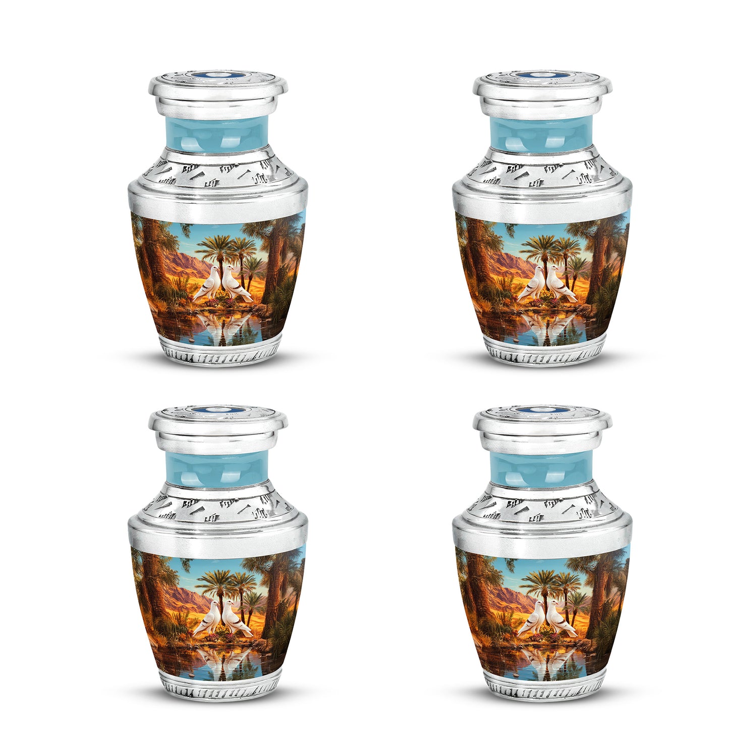 Cool Teal Dove Cremation Urn back view with polished surface - contemporary dove design with modern artistic flair - 10 inch aluminum urn for cremated remains
