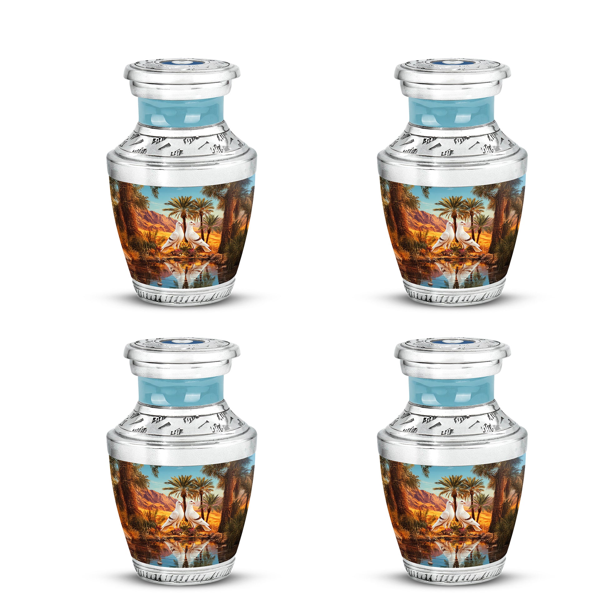 Cool Teal Dove Cremation Urn back view with polished surface - contemporary dove design with modern artistic flair - 10 inch aluminum urn for cremated remains