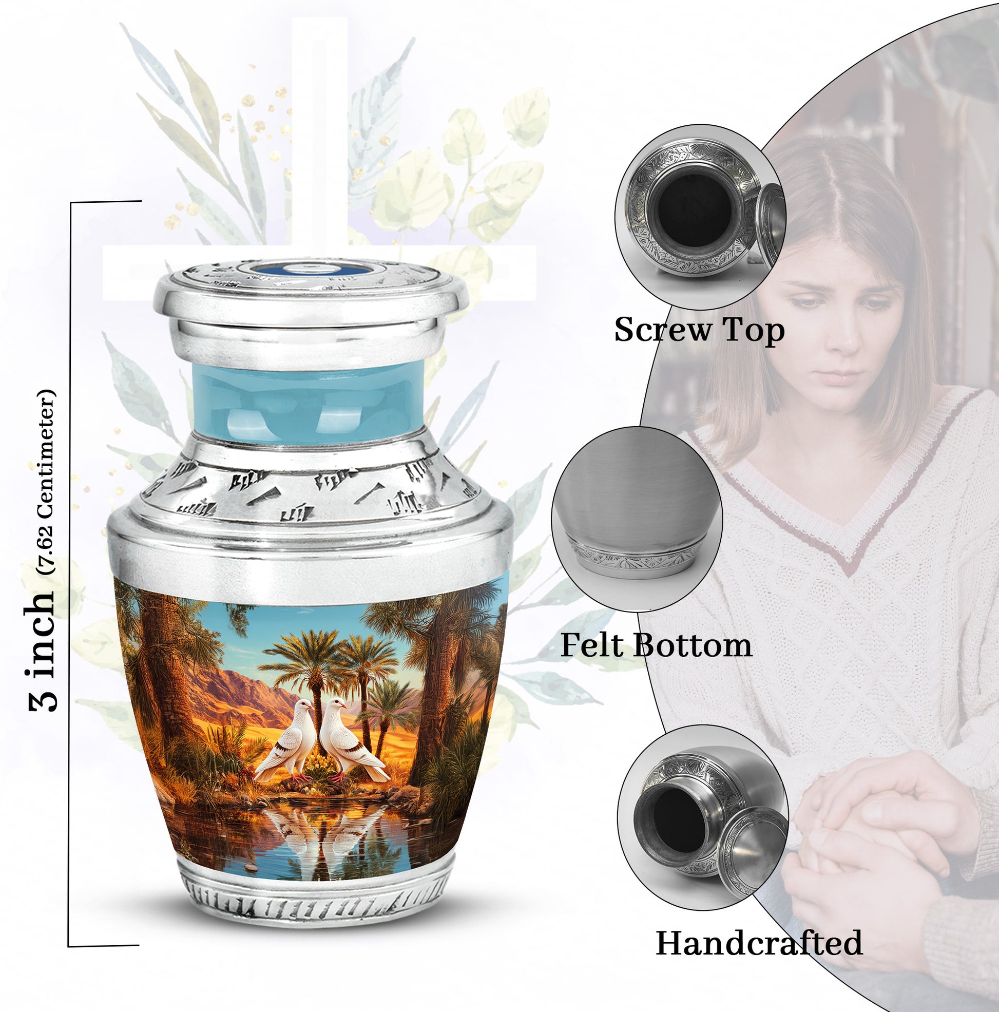 Tropical Teal Dove Cremation Urn top-down view of secure threaded lid - artistic dove interpretation with creative detail - mini keepsake memorial for portion of cremation ashes