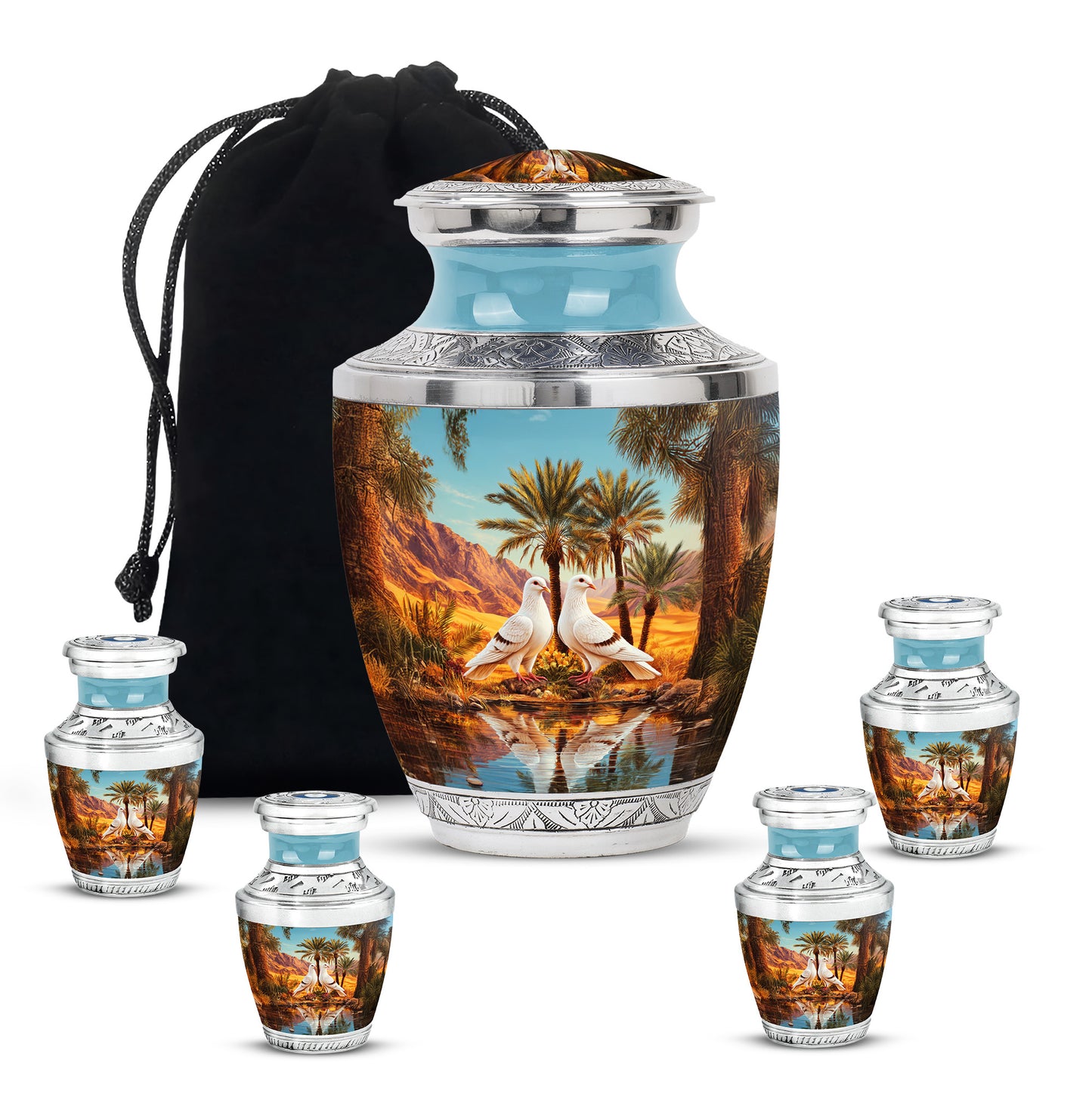 Tropical Teal Dove Cremation Urn lifestyle display on memorial shelf - stylized abstract dove pattern with bold lines - memorial set with one large and four small urns