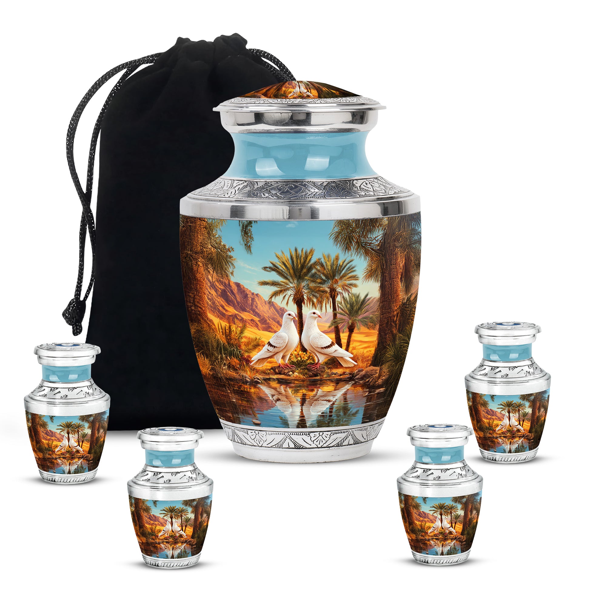 Tropical Teal Dove Cremation Urn lifestyle display on memorial shelf - stylized abstract dove pattern with bold lines - memorial set with one large and four small urns