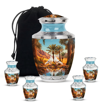 Tropical Teal Dove Cremation Urn lifestyle display on memorial shelf - stylized abstract dove pattern with bold lines - memorial set with one large and four small urns