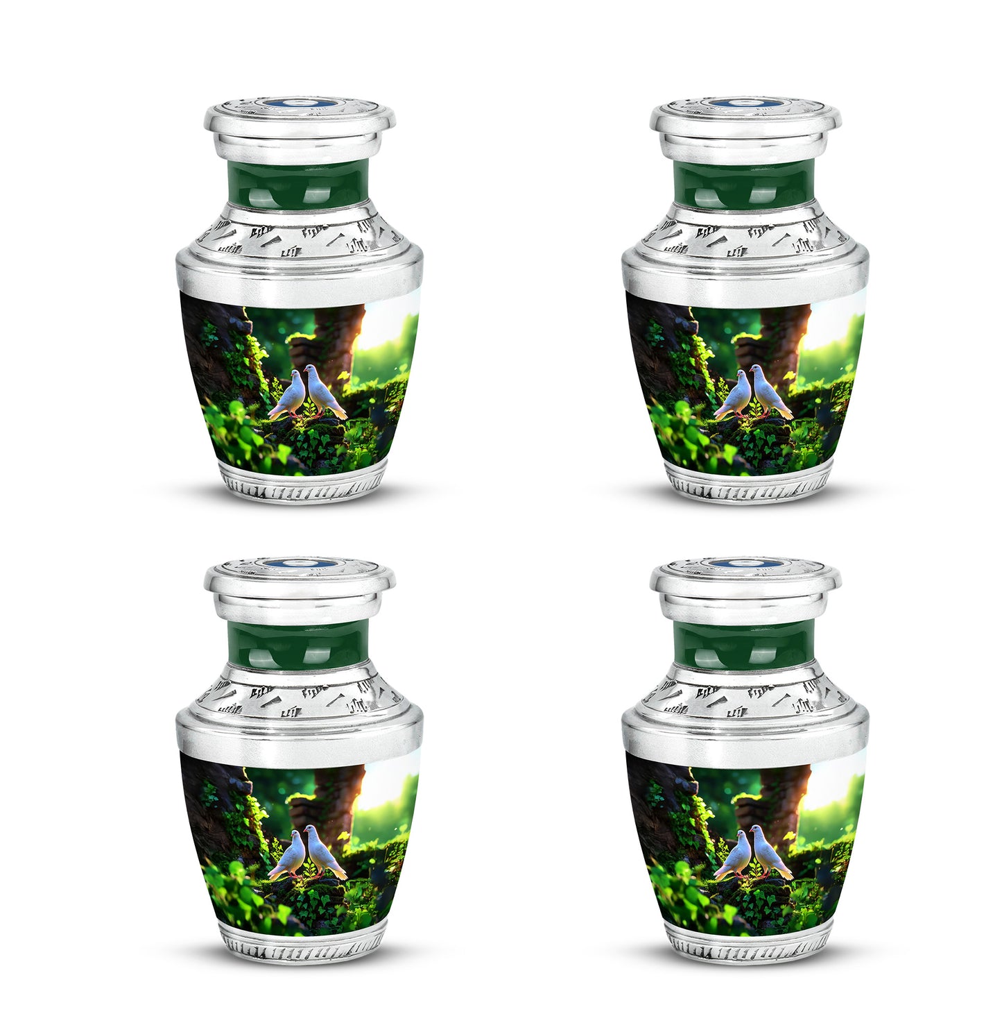 Hunter Green Dove Cremation Urn back view with polished surface - artistic dove interpretation with creative detail - 10 inch aluminum urn for cremated remains