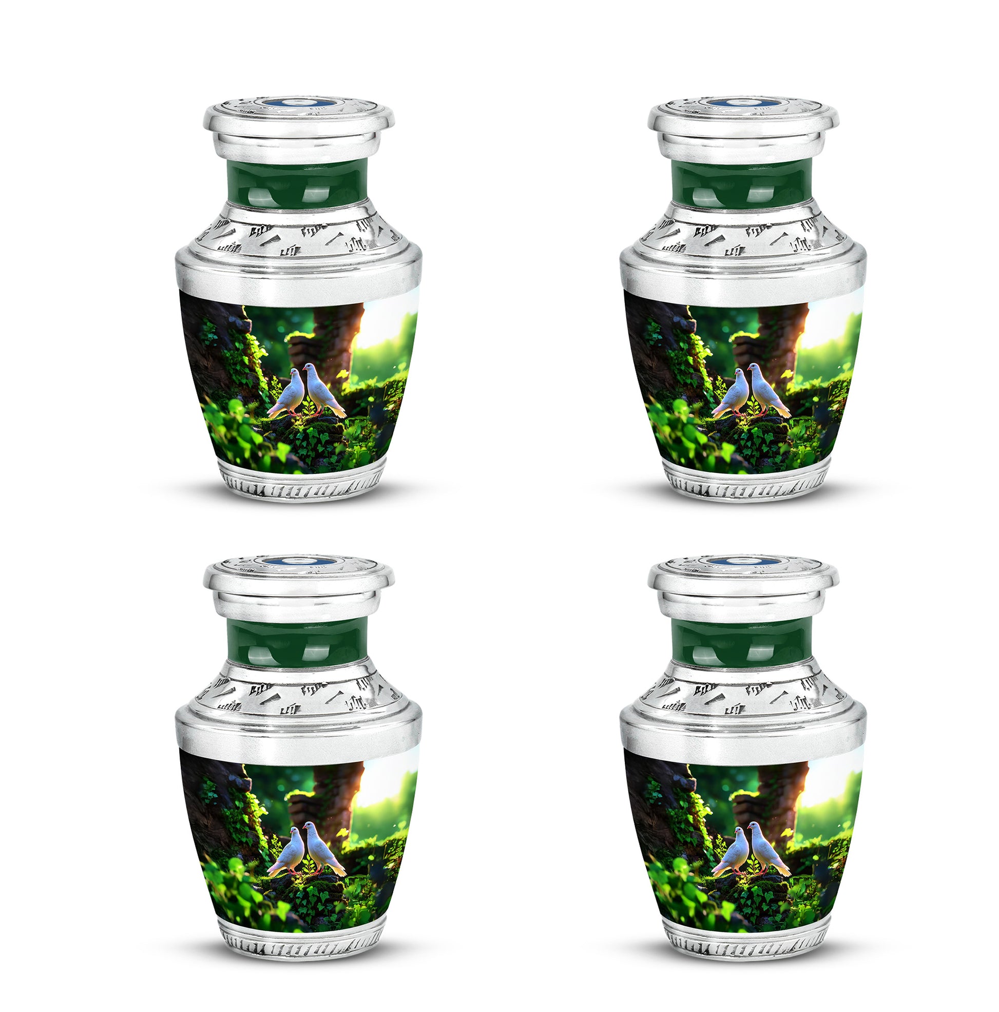 Hunter Green Dove Cremation Urn back view with polished surface - artistic dove interpretation with creative detail - 10 inch aluminum urn for cremated remains
