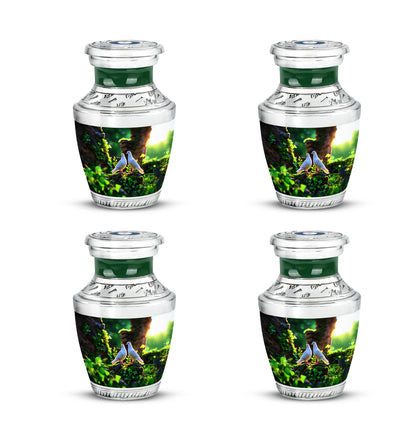 Hunter Green Dove Cremation Urn back view with polished surface - artistic dove interpretation with creative detail - 10 inch aluminum urn for cremated remains