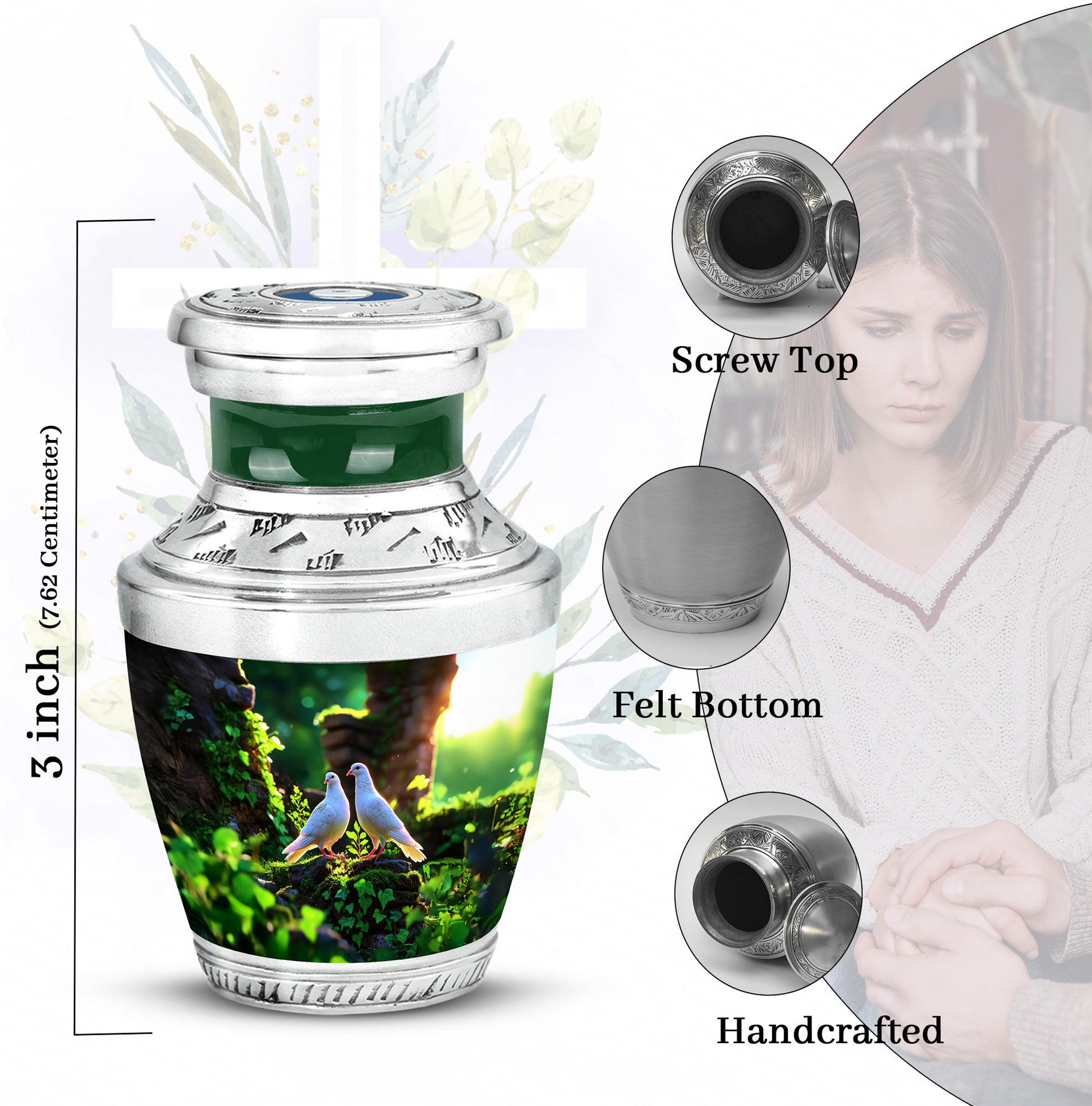 Hunter Green Dove Cremation Urn top-down view of secure threaded lid - stylized abstract dove pattern with bold lines - mini keepsake memorial for portion of cremation ashes