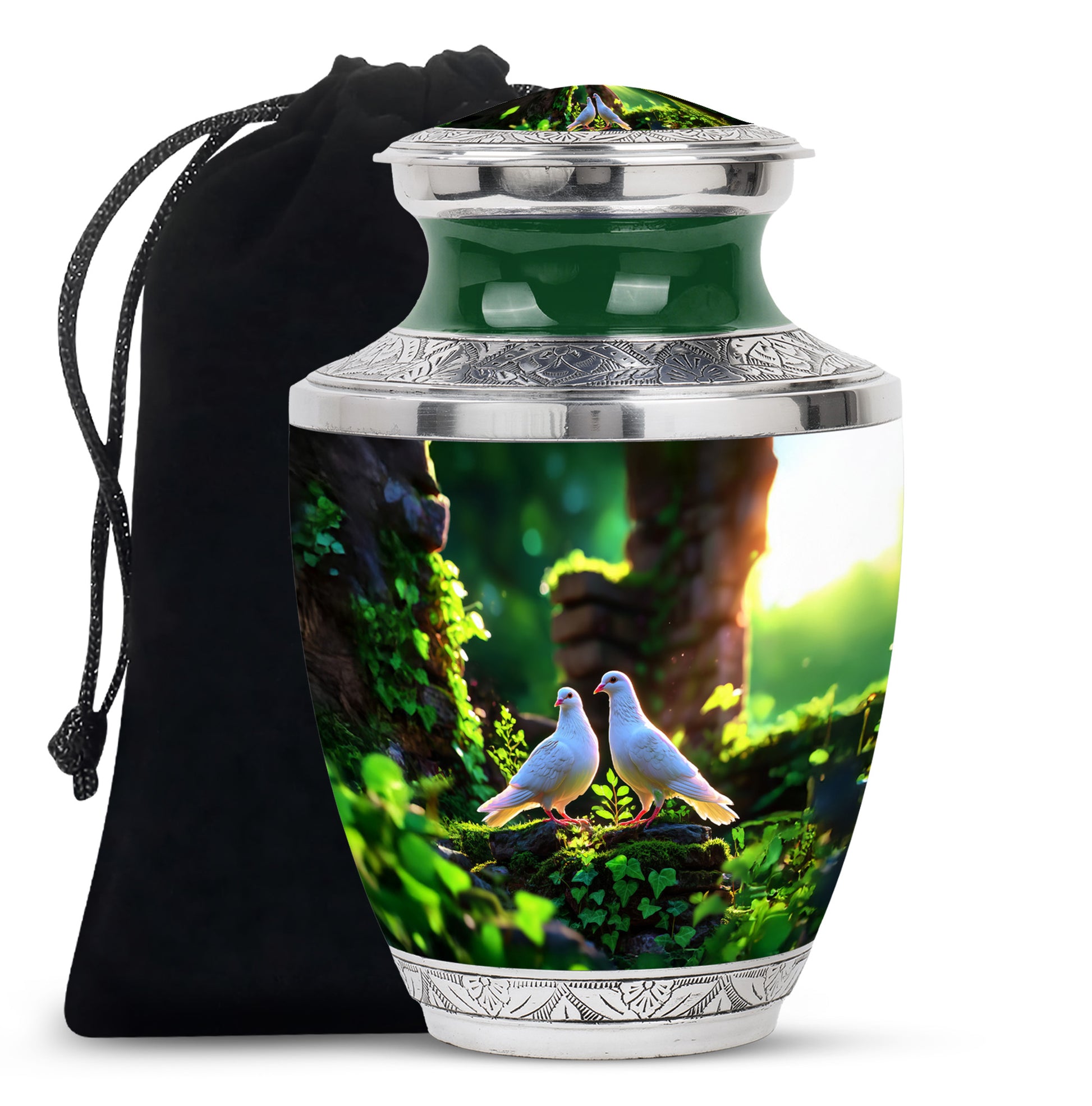 Emerald Green Dove Cremation Urn side profile showing urn shape - contemporary dove design with modern artistic flair - full-size 10 inch 200 cubic inch adult cremation urn