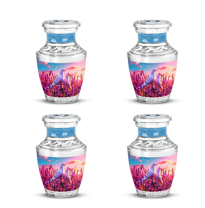 Dusty Blue Dove Cremation Urn back view with polished surface - contemporary dove design with modern artistic flair - 10 inch aluminum urn for cremated remains