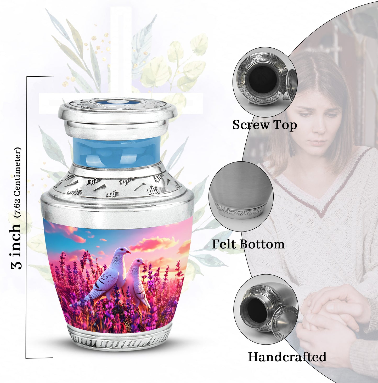 Slate Blue Dove Cremation Urn top-down view of secure threaded lid - contemporary dove design with modern artistic flair - mini keepsake memorial for portion of cremation ashes