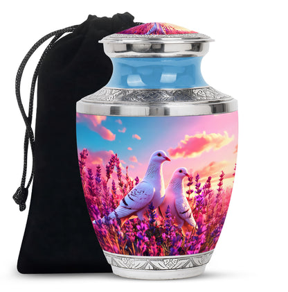 Vivid Blue Dove Cremation Urn side profile showing urn shape - artistic dove interpretation with creative detail - full-size 10 inch 200 cubic inch adult cremation urn