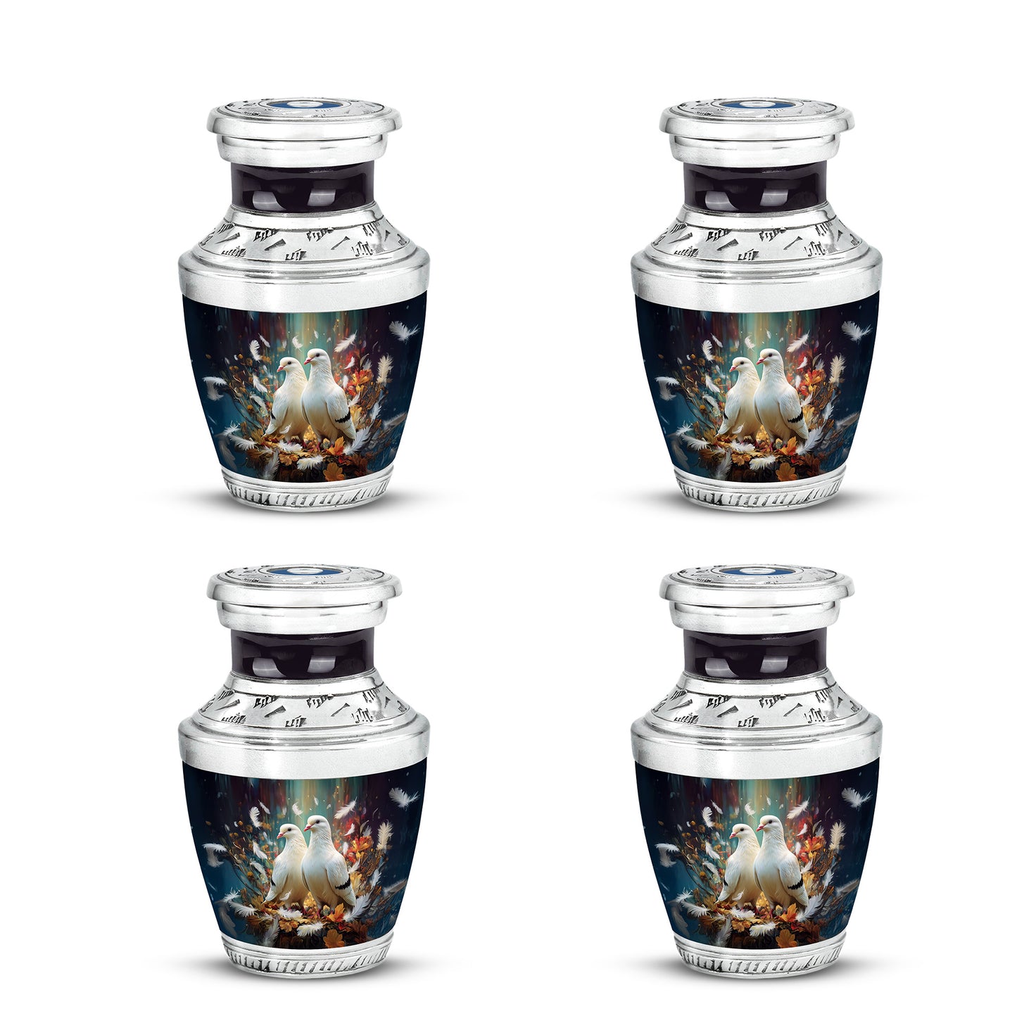 Charcoal Black Dove Cremation Urn back view with polished surface - stylized abstract dove pattern with bold lines - 10 inch aluminum urn for cremated remains
