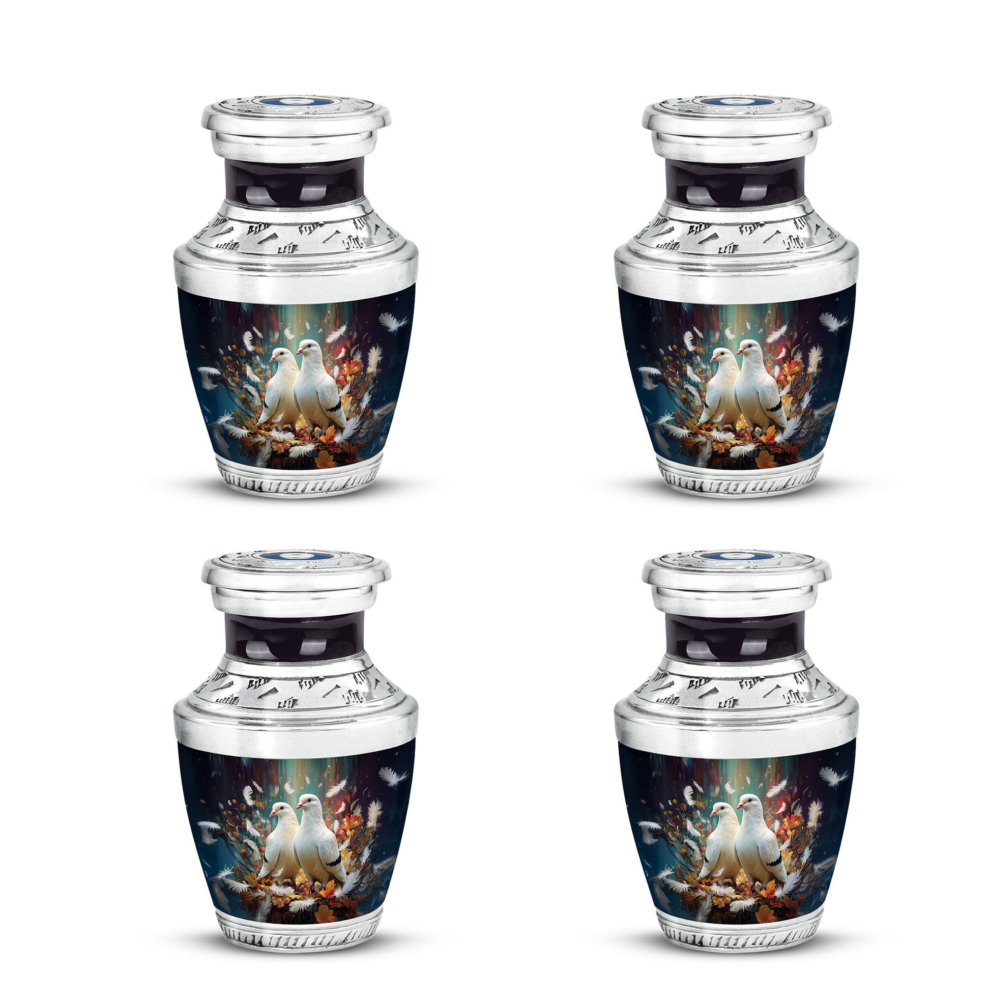 Charcoal Black Dove Cremation Urn back view with polished surface - stylized abstract dove pattern with bold lines - 10 inch aluminum urn for cremated remains