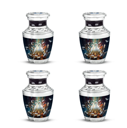 Charcoal Black Dove Cremation Urn back view with polished surface - stylized abstract dove pattern with bold lines - 10 inch aluminum urn for cremated remains