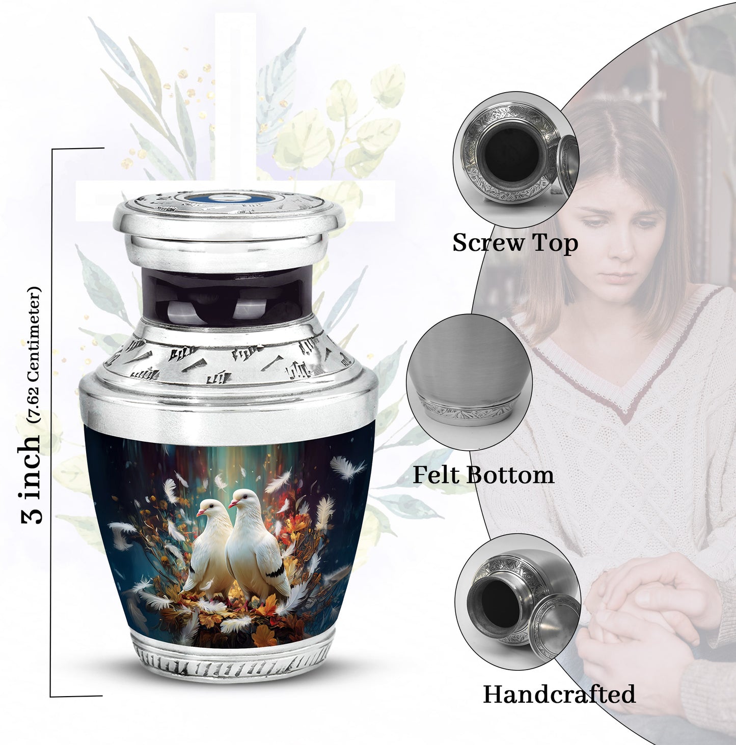 Obsidian Black Dove Cremation Urn top-down view of secure threaded lid - stylized abstract dove pattern with bold lines - mini keepsake memorial for portion of cremation ashes
