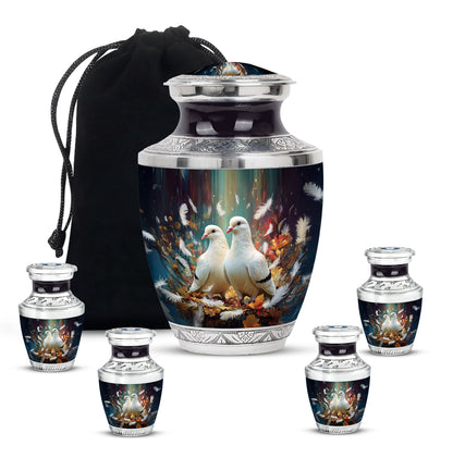 Ebony Dove Cremation Urn lifestyle display on memorial shelf - contemporary dove design with modern artistic flair - memorial set with one large and four small urns