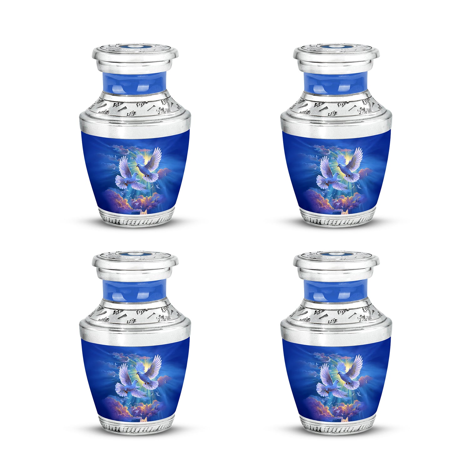 Cobalt Blue Dove Cremation Urn back view with polished surface - artistic dove interpretation with creative detail - 10 inch aluminum urn for cremated remains