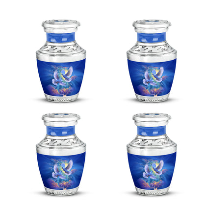 Cobalt Blue Dove Cremation Urn back view with polished surface - artistic dove interpretation with creative detail - 10 inch aluminum urn for cremated remains