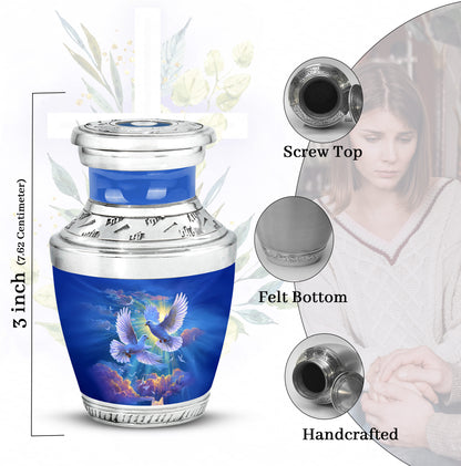 Cornflower Blue Dove Cremation Urn top-down view of secure threaded lid - artistic dove interpretation with creative detail - mini keepsake memorial for portion of cremation ashes