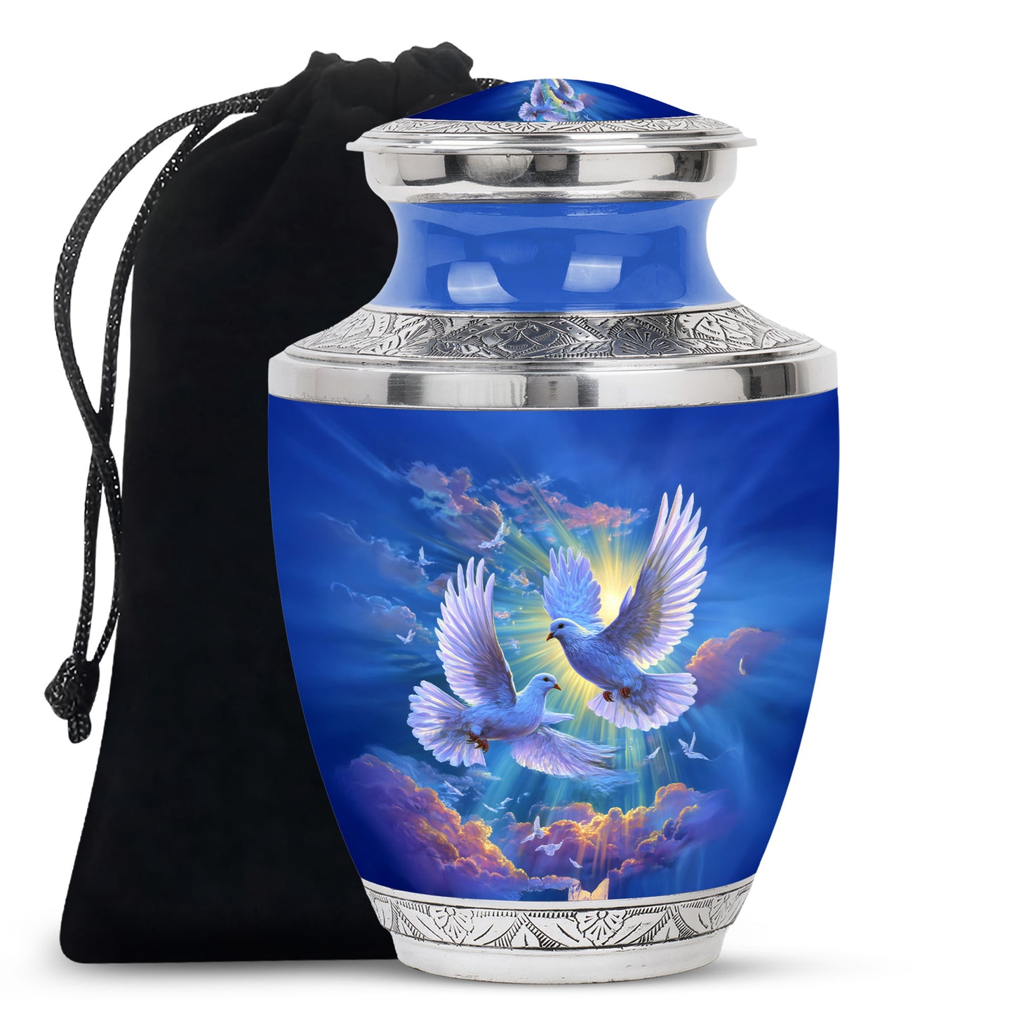 Powder Blue Dove Cremation Urn side profile showing urn shape - modern art-inspired dove motif on sleek aluminum - full-size 10 inch 200 cubic inch adult cremation urn