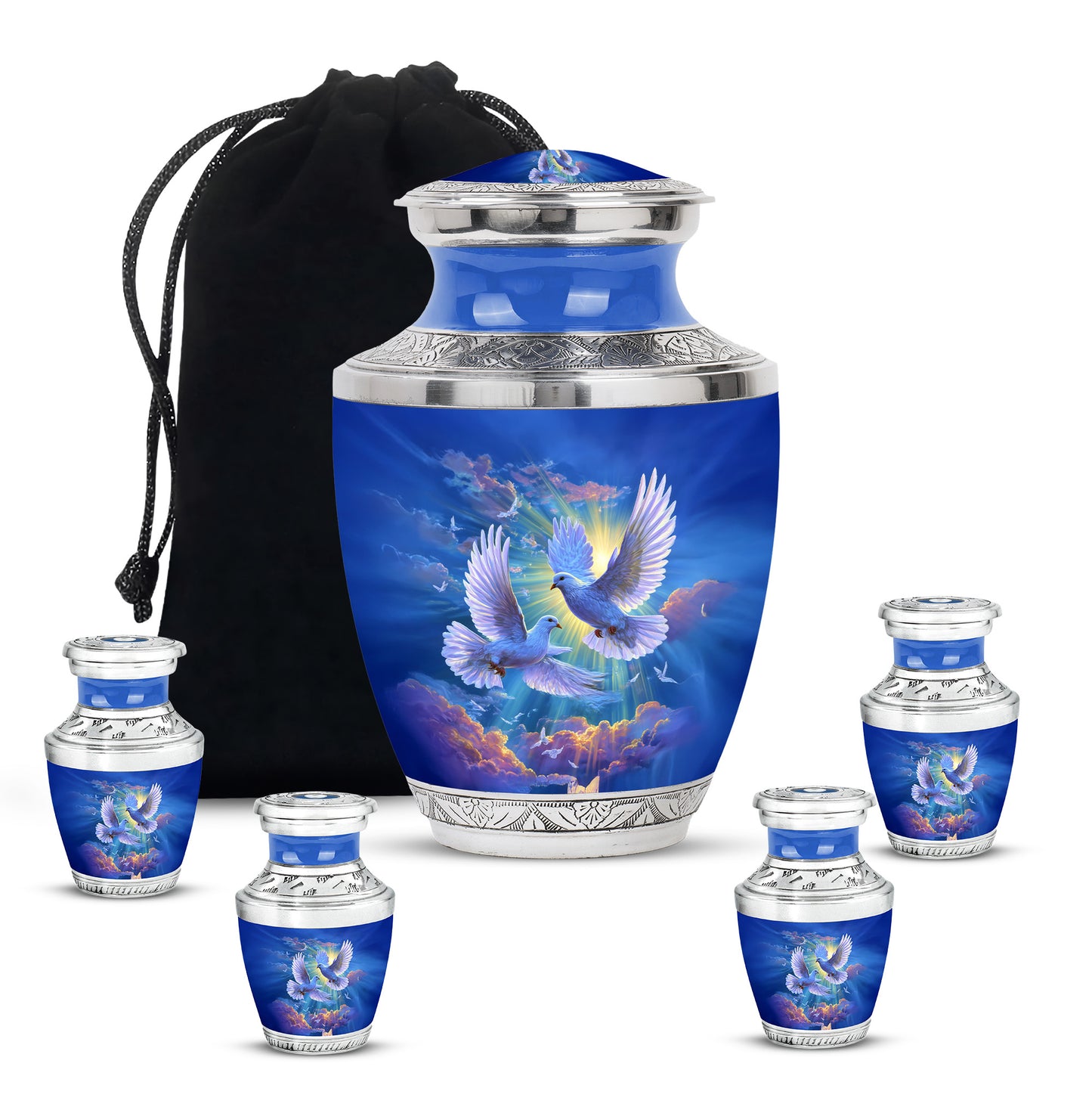 Icy Blue Dove Cremation Urn lifestyle display on memorial shelf - modern art-inspired dove motif on sleek aluminum - memorial set with one large and four small urns