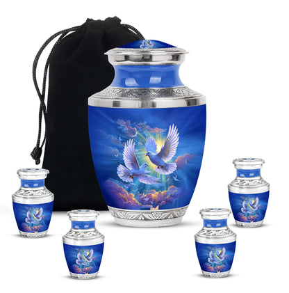 Icy Blue Dove Cremation Urn lifestyle display on memorial shelf - modern art-inspired dove motif on sleek aluminum - memorial set with one large and four small urns