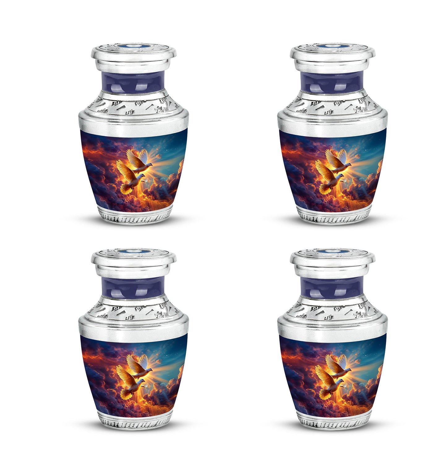 Calming Blue Dove Cremation Urn back view with polished surface - artistic dove interpretation with creative detail - 10 inch aluminum urn for cremated remains