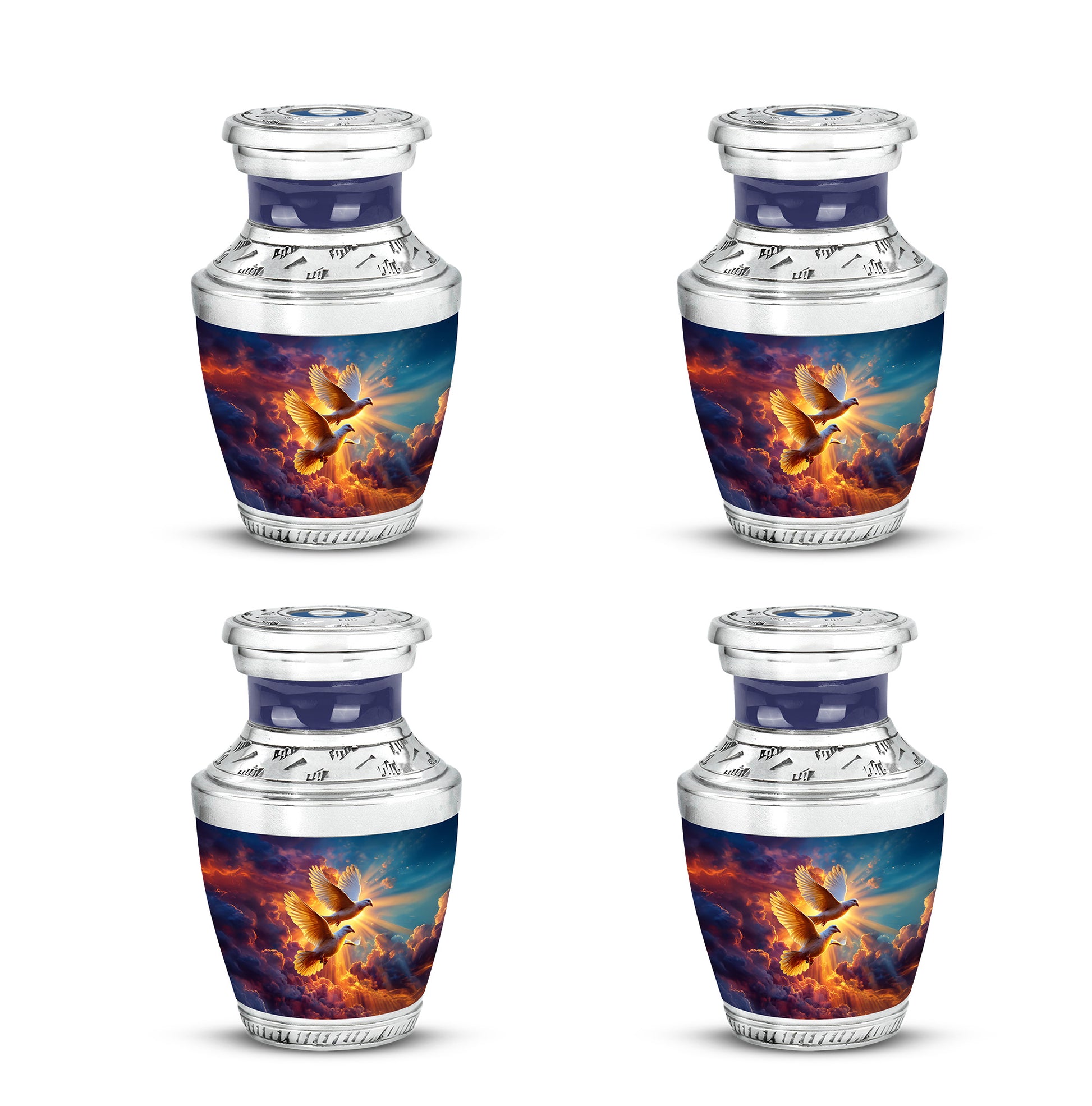 Calming Blue Dove Cremation Urn back view with polished surface - artistic dove interpretation with creative detail - 10 inch aluminum urn for cremated remains