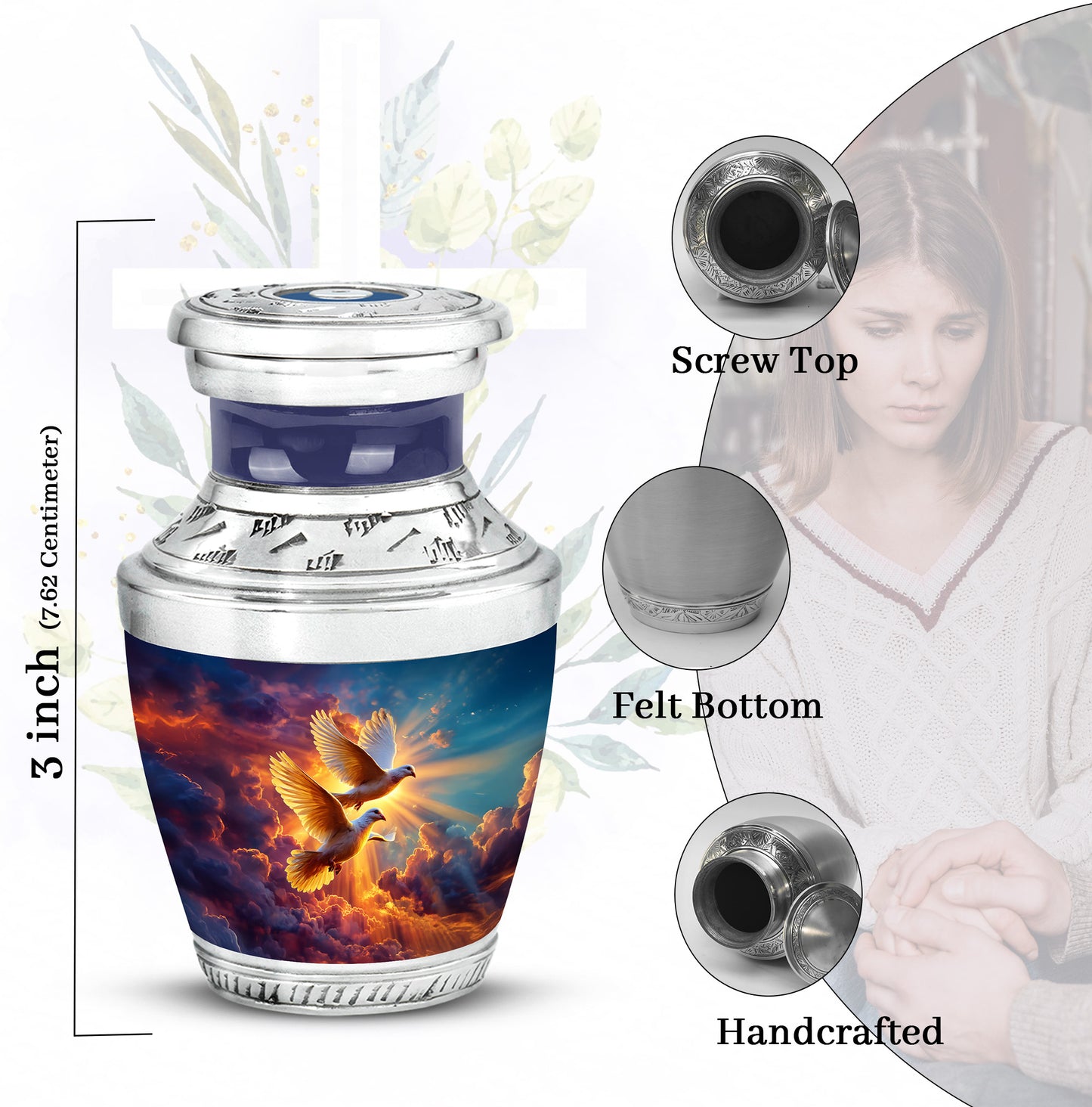 Steel Blue Dove Cremation Urn top-down view of secure threaded lid - artistic dove interpretation with creative detail - mini keepsake memorial for portion of cremation ashes