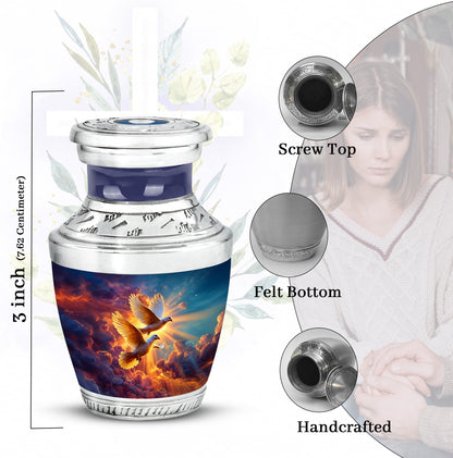 Steel Blue Dove Cremation Urn top-down view of secure threaded lid - artistic dove interpretation with creative detail - mini keepsake memorial for portion of cremation ashes