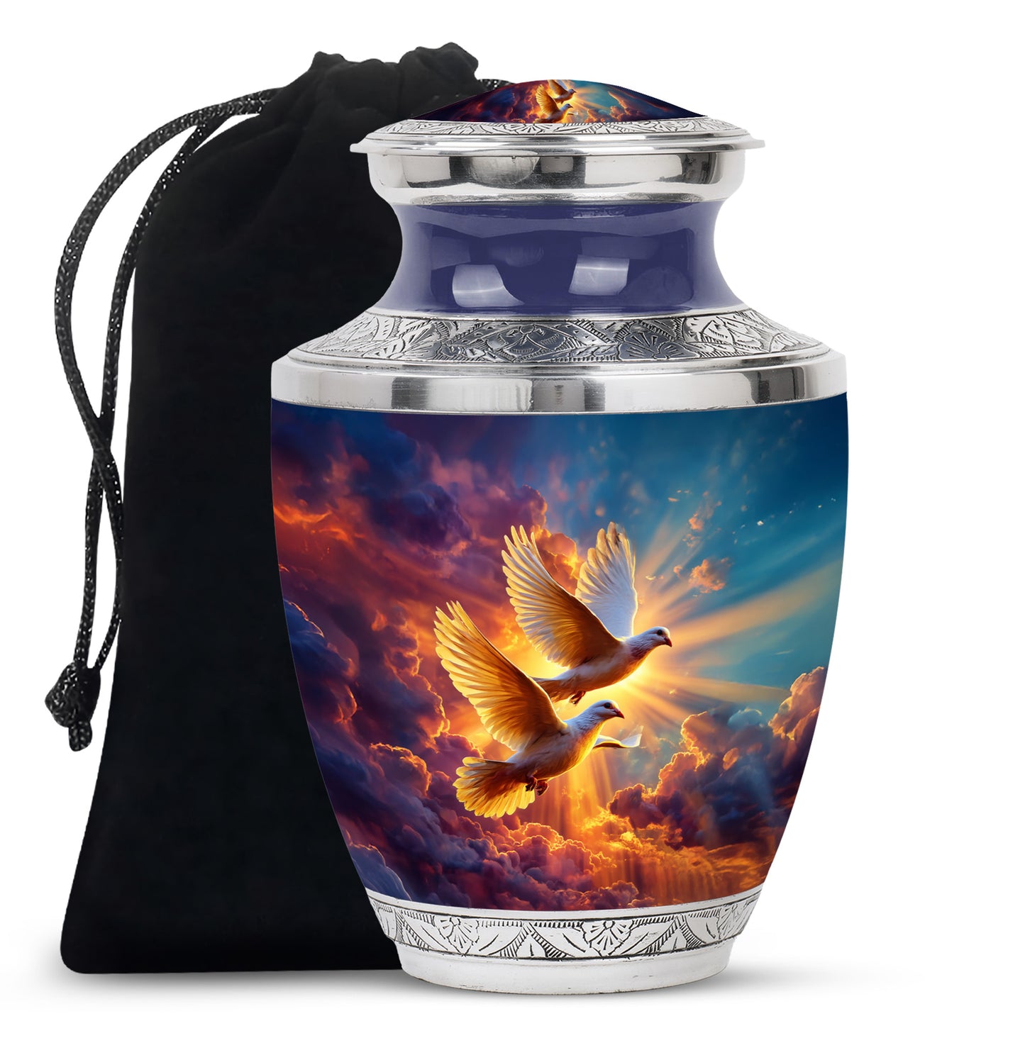 Sky Blue Dove Cremation Urn side profile showing urn shape - modern art-inspired dove motif on sleek aluminum - full-size 10 inch 200 cubic inch adult cremation urn