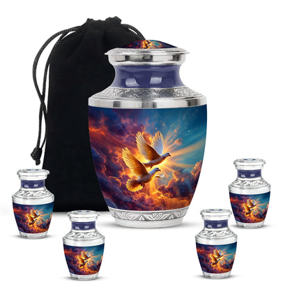 Navy Blue Dove Cremation Urn lifestyle display on memorial shelf - contemporary dove design with modern artistic flair - memorial set with one large and four small urns