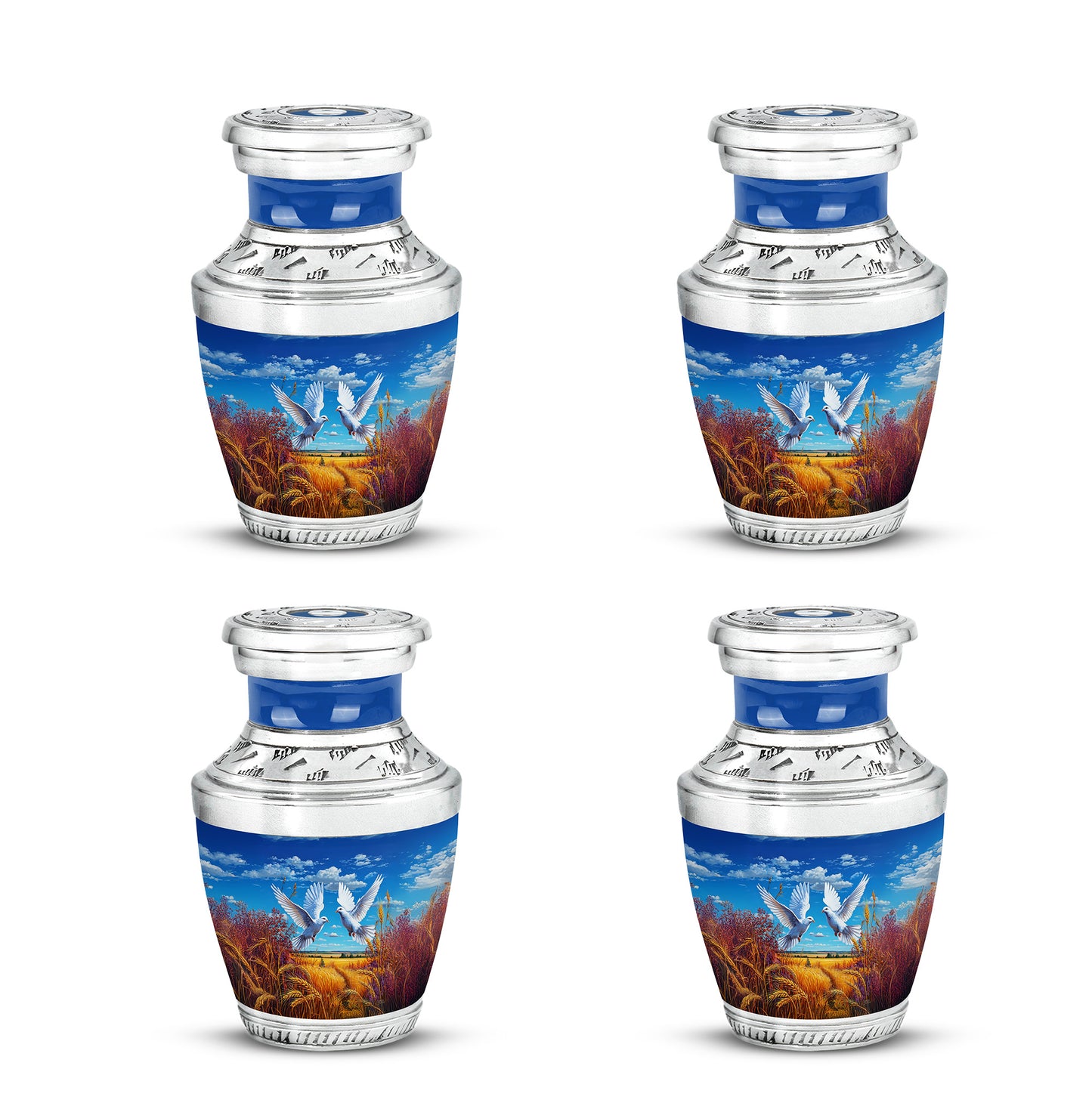 Royal Blue Dove Cremation Urn back view with polished surface - stylized abstract dove pattern with bold lines - 10 inch aluminum urn for cremated remains