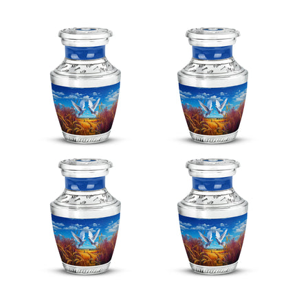 Royal Blue Dove Cremation Urn back view with polished surface - stylized abstract dove pattern with bold lines - 10 inch aluminum urn for cremated remains