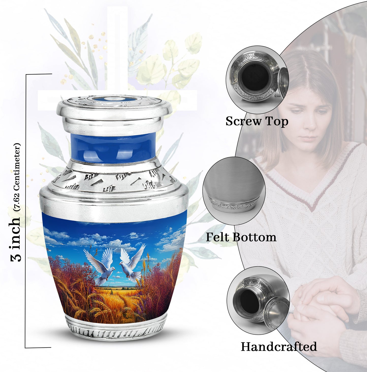 Cornflower Blue Dove Cremation Urn top-down view of secure threaded lid - artistic dove interpretation with creative detail - mini keepsake memorial for portion of cremation ashes